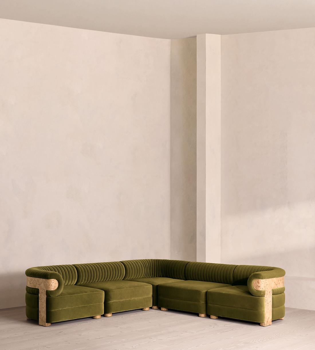 Caleb Modular Corner Sofa - Velvet - Olive - Blonde Burl - UK - Listing - Image 1