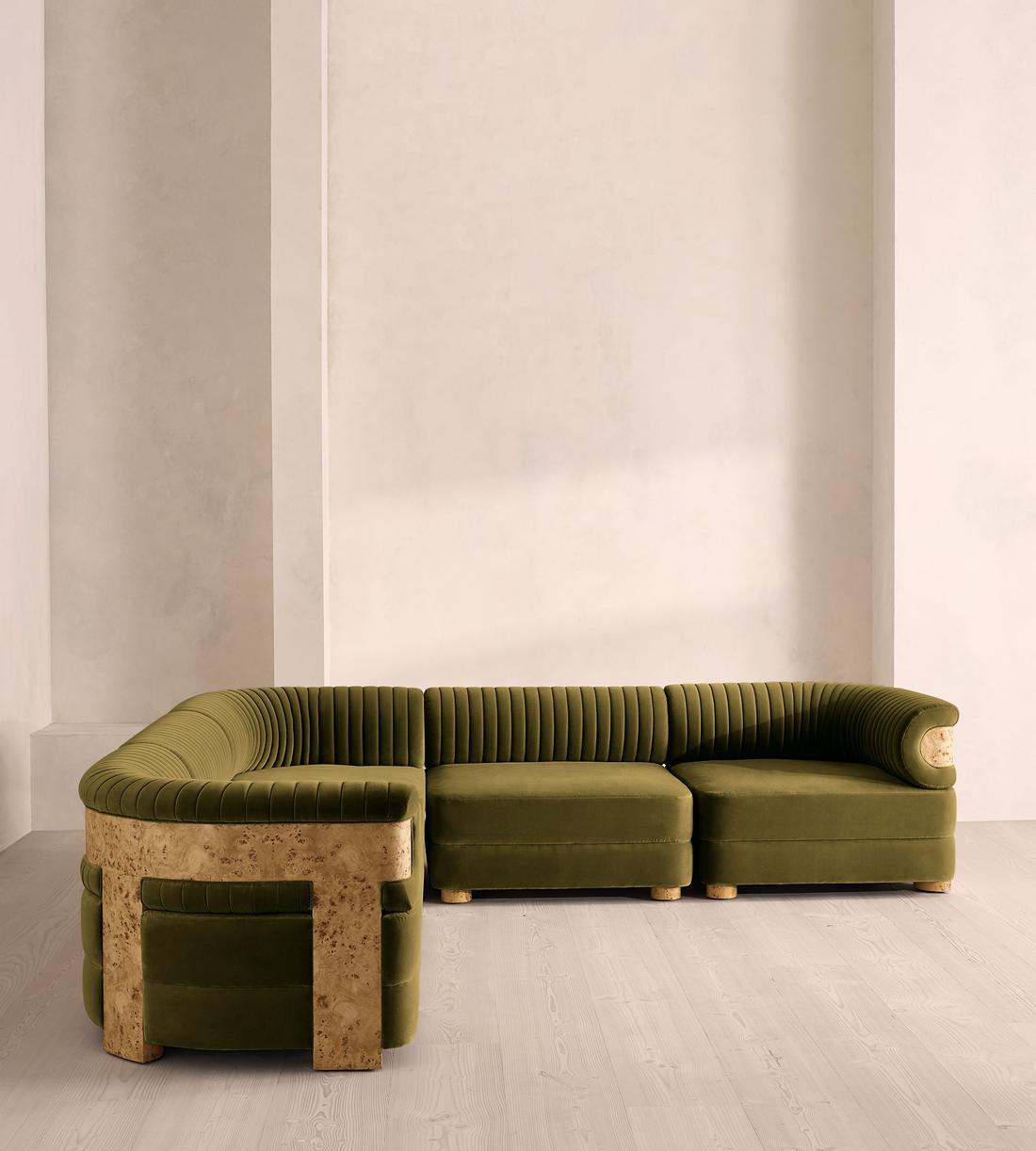 Caleb Modular Corner Sofa - Velvet - Olive - Blonde Burl - UK - Listing - Image 2