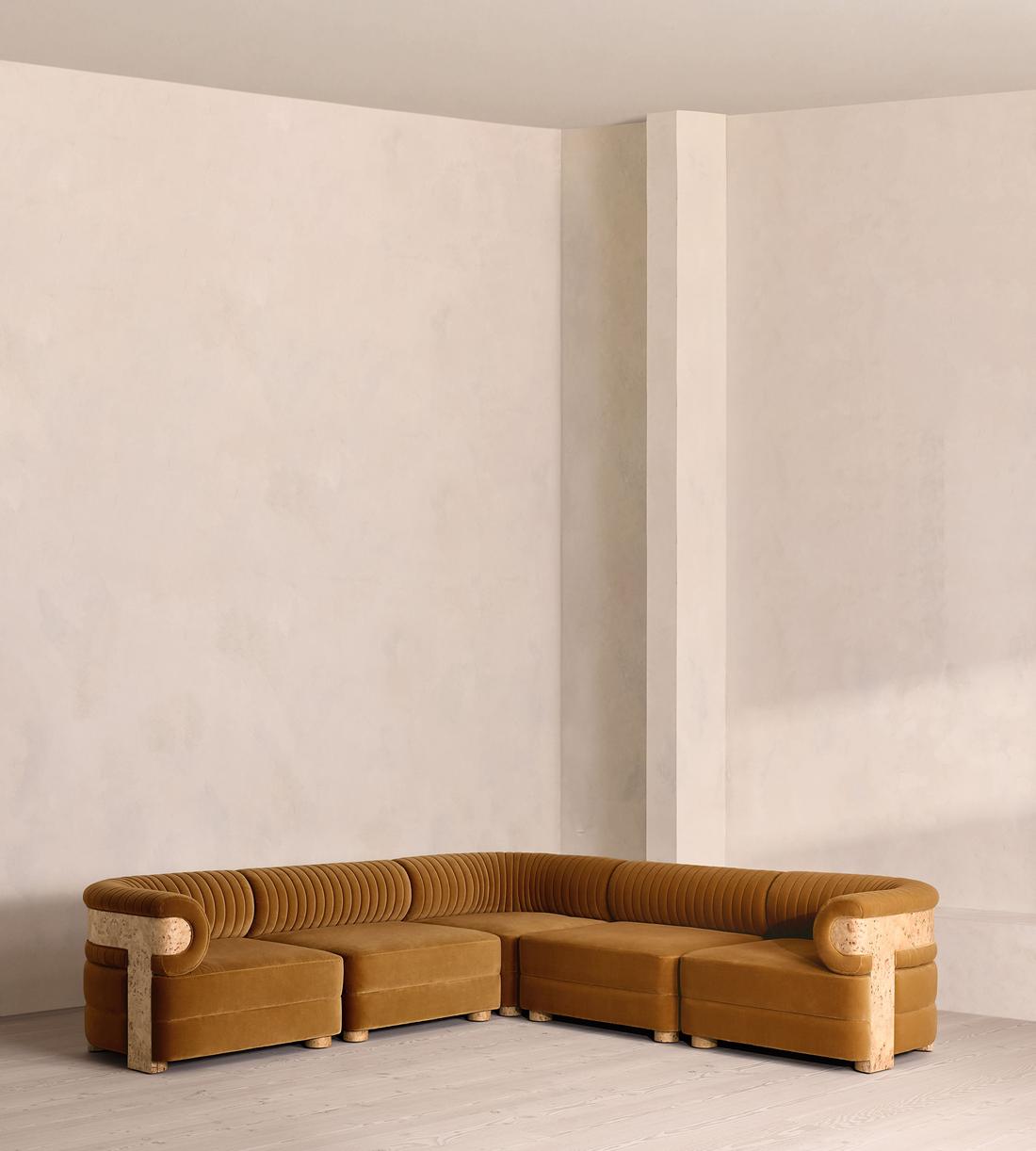 Caleb Sectional Sofa - Corner Sofa - Velvet - Mustard - Blonde Burl - US - Listing - Image 1