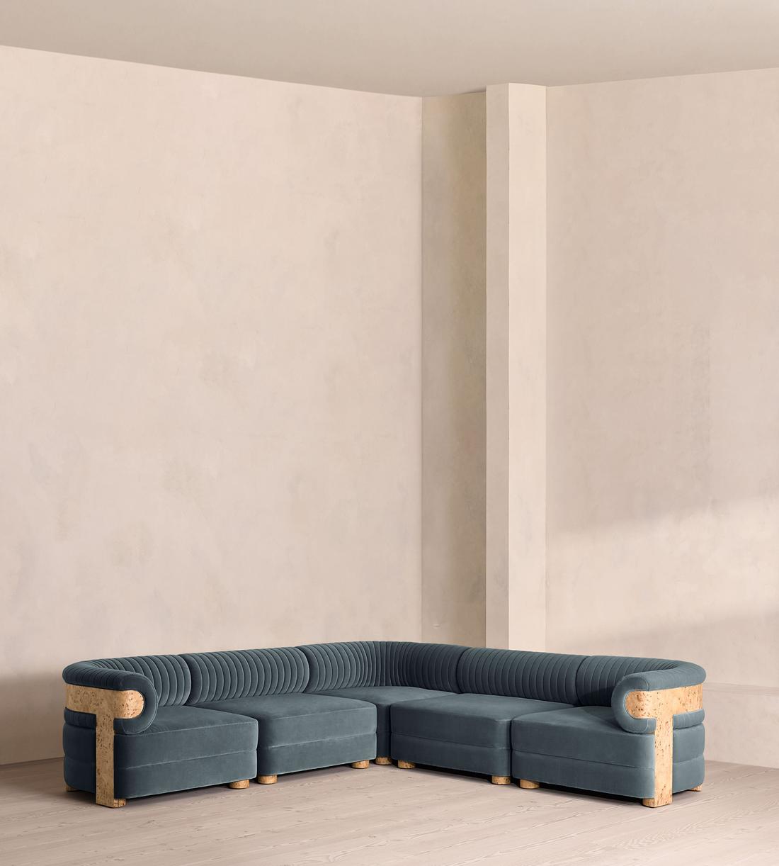 Caleb Modular Corner Sofa - Velvet - Grey Blue - Blonde Burl - UK - Listing - Image 1