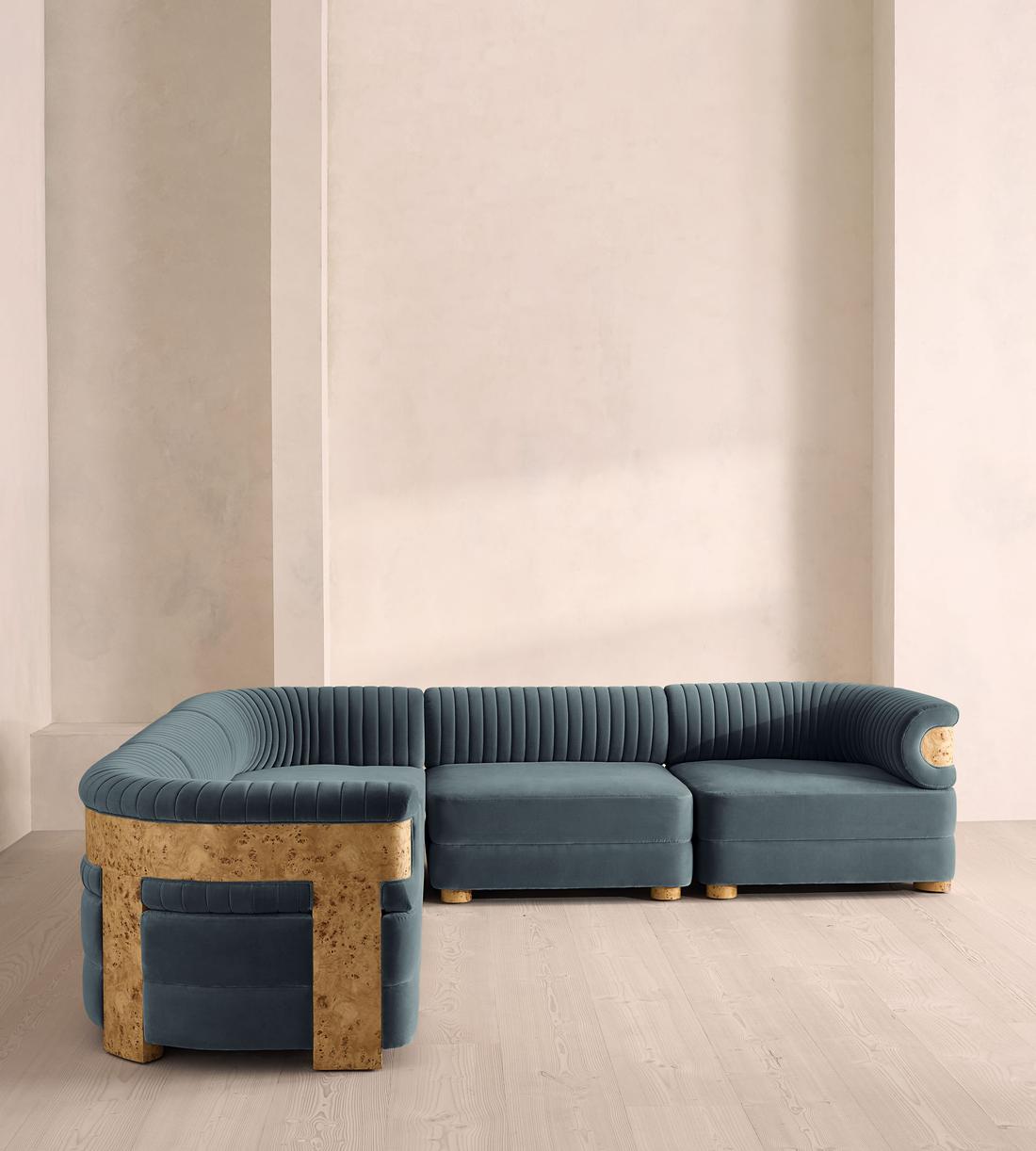Caleb Sectional Sofa - Corner Sofa - Velvet - Grey Blue - Blonde Burl - US - Listing - Image 2