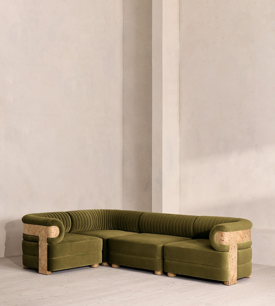 Caleb Sectional Sofa - L-Shape Sofa - Velvet - Olive - Blonde Burl - US - Listing - Image 1