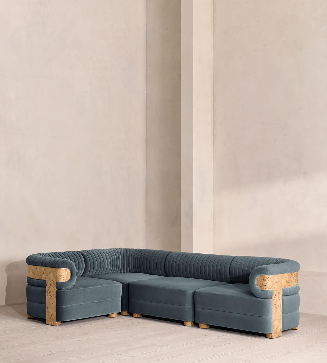 Caleb Modular L-Shape Sofa - Velvet - Grey Blue - Blonde Burl - UK - Listing - Image 1