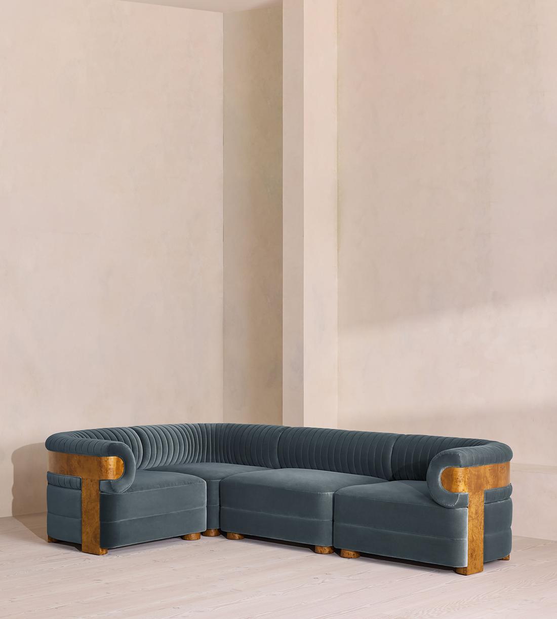 Caleb Modular L-Shape Sofa - Velvet - Grey Blue - Dark Burl - UK - Listing - Image 1