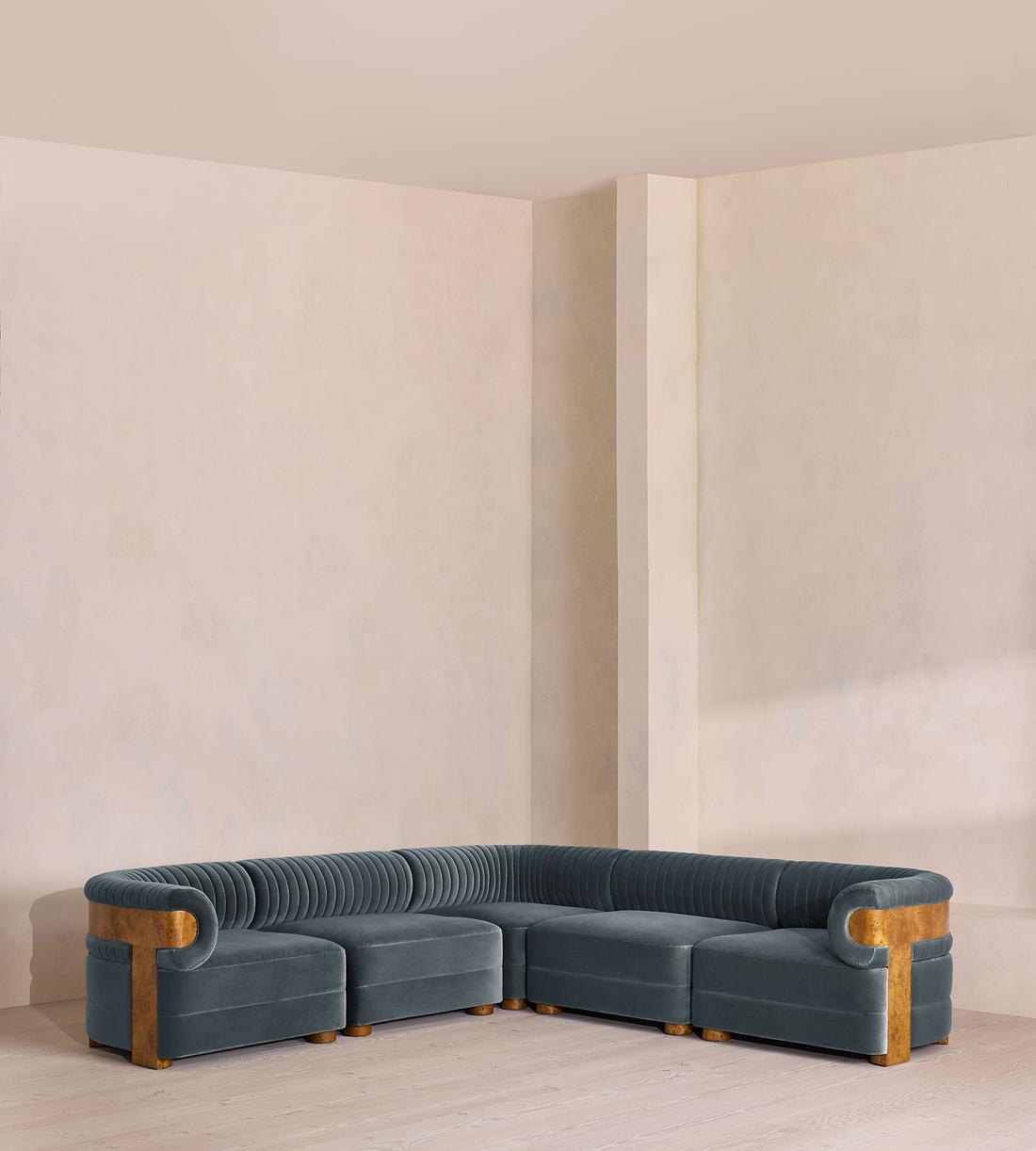 Caleb Sectional Sofa - Corner Sofa - Velvet - Grey Blue - Dark Burl - US - Listing - Image 1