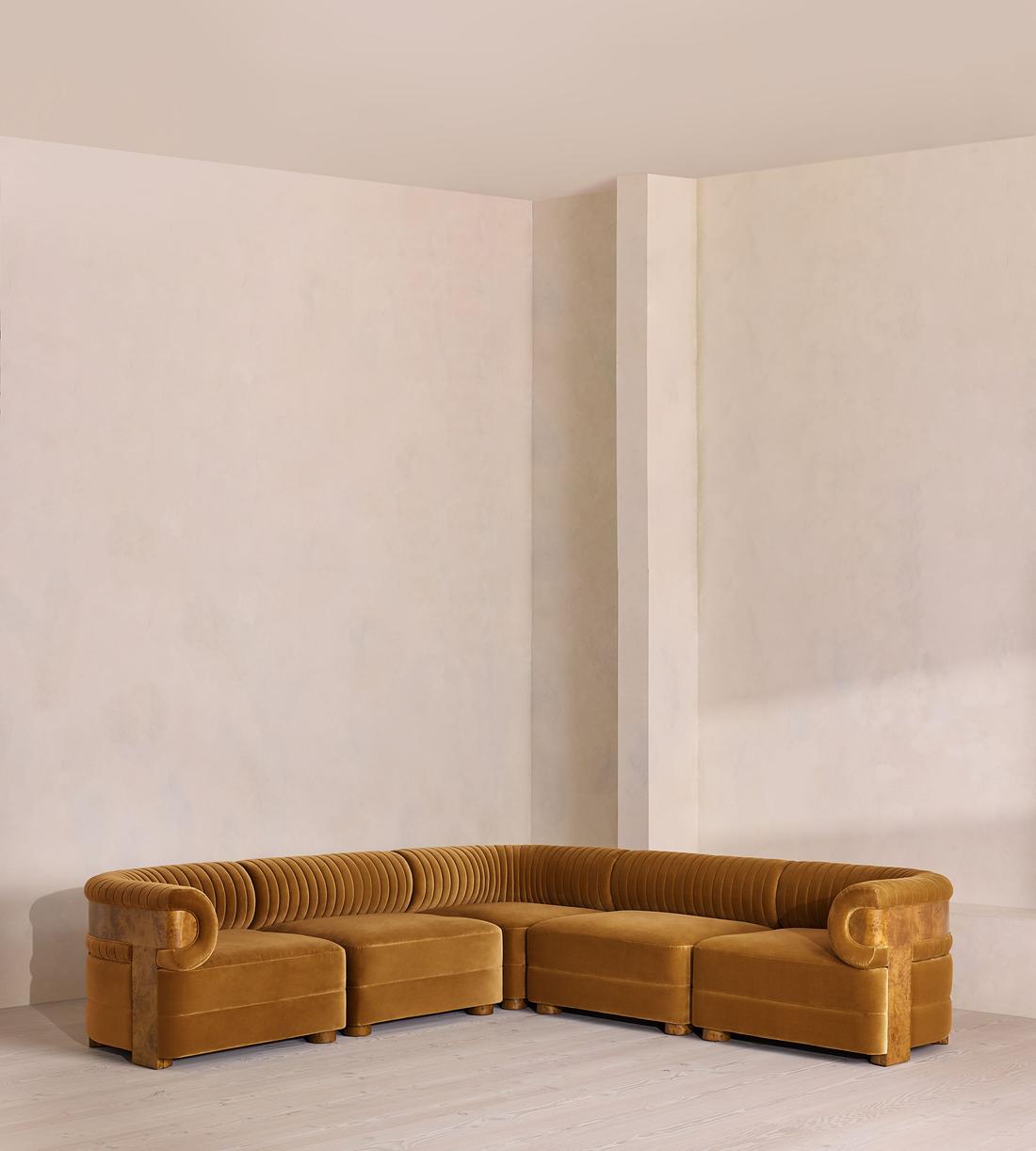 Caleb Sectional Sofa - Corner Sofa - Velvet - Mustard - Dark Burl - US - Listing - Image 1