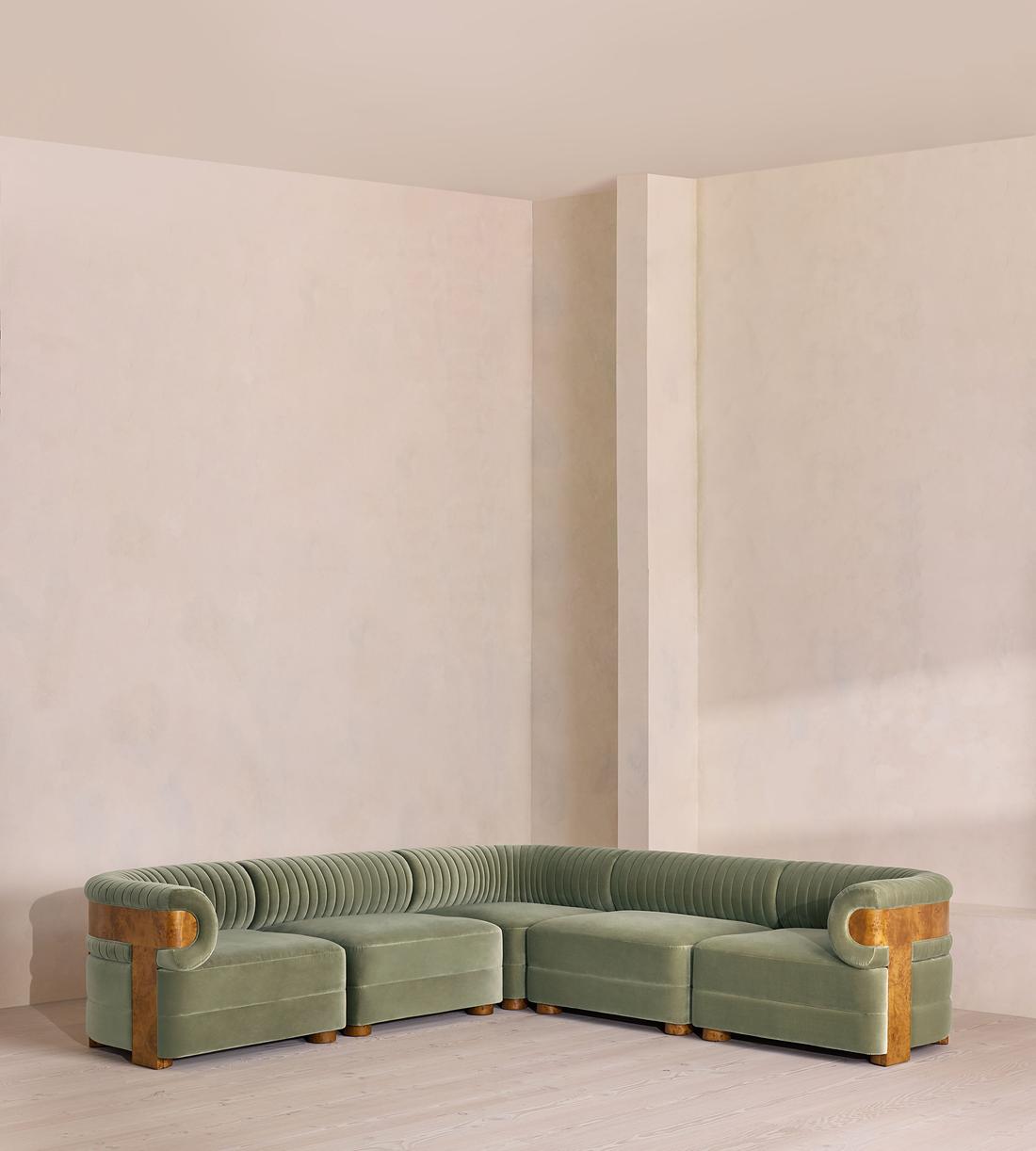 Caleb Sectional Sofa - Corner Sofa - Velvet - Seafoam - Dark Burl - US - Listing - Image 1