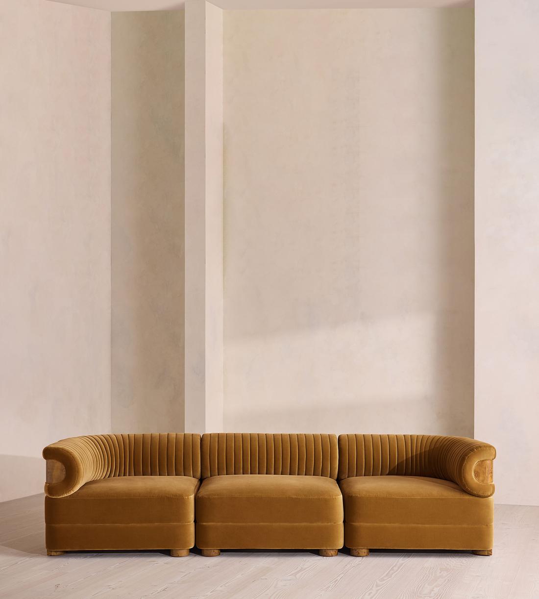 Caleb Modular Four Seater Sofa - Velvet - Mustard - Dark Burl - UK - Listing - Image 1