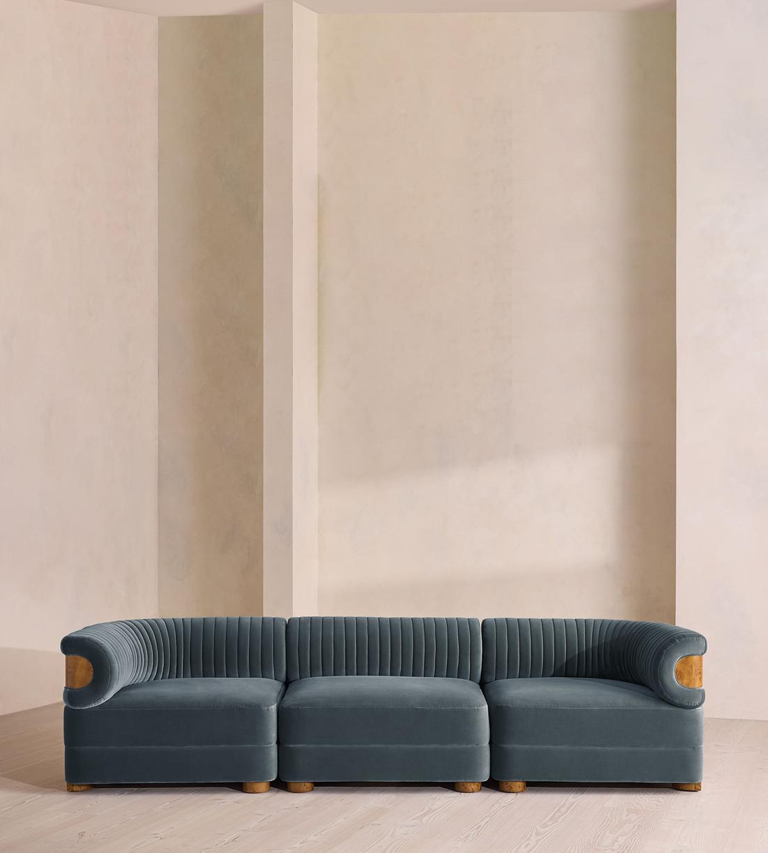 Caleb Modular Four Seater Sofa - Velvet - Grey Blue - Dark Burl - UK - Listing - Image 1