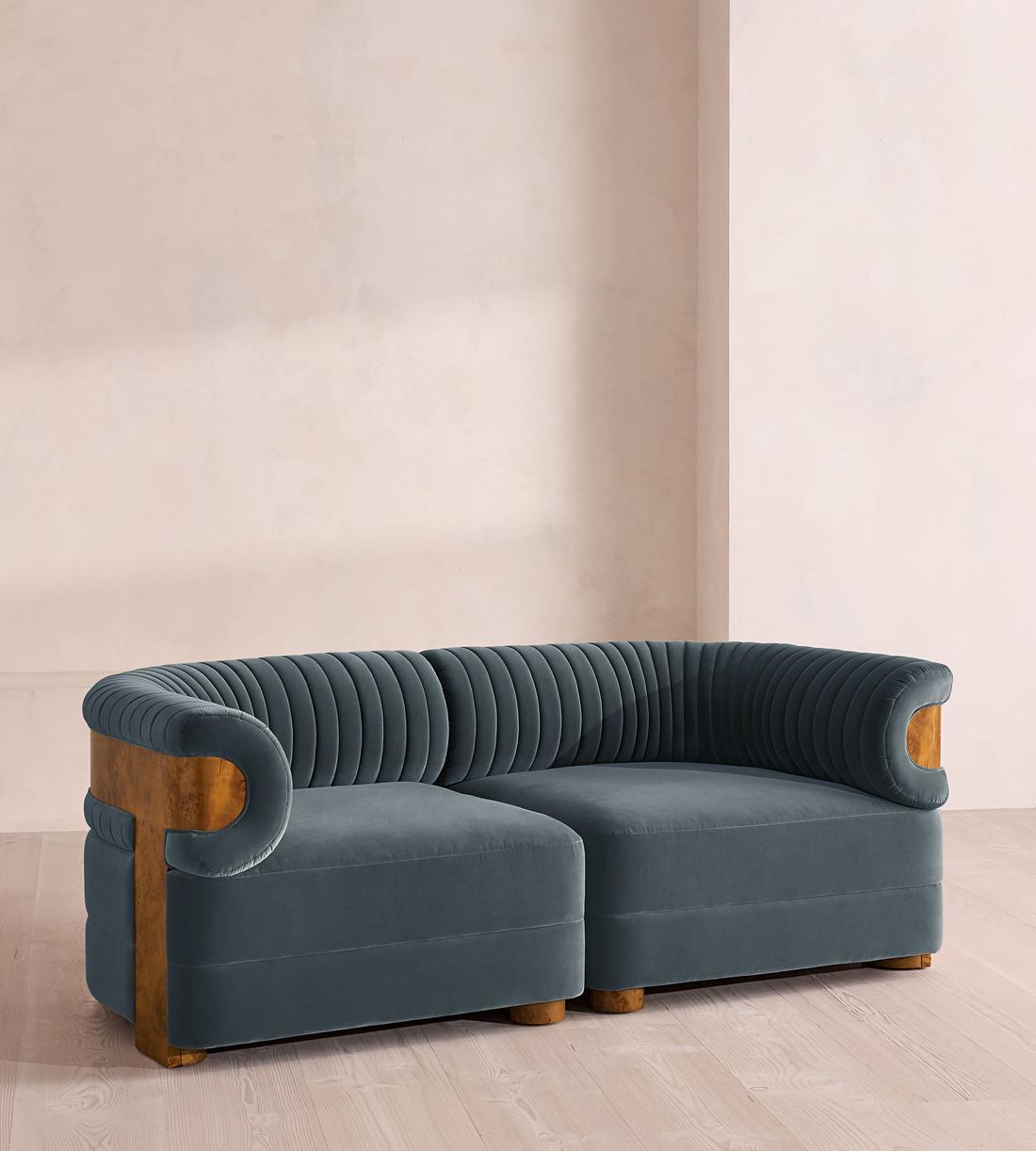 Caleb Modular Three Seater Sofa - Velvet - Grey Blue - Dark Burl - UK - Listing - Image 2