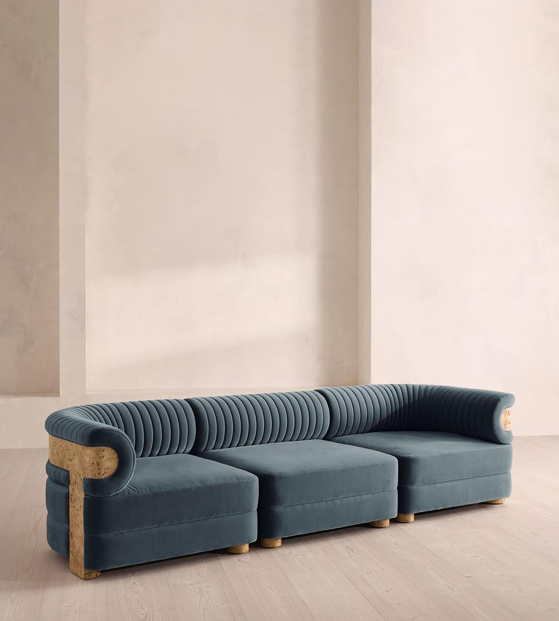 Caleb Modular Four Seater Sofa - Velvet - Grey Blue - Blonde Burl - UK - Listing - Image 2