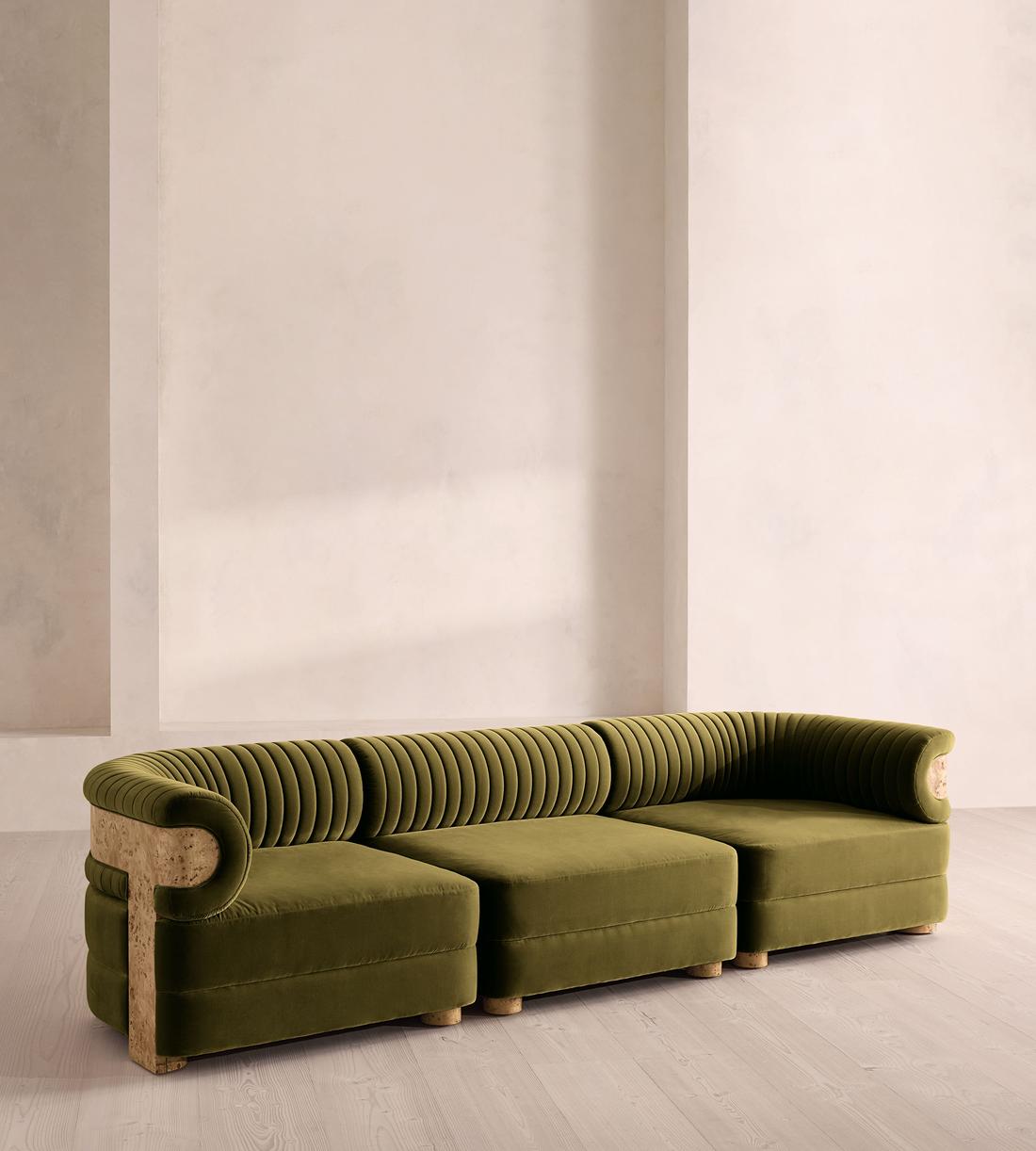 Caleb Modular Four Seater Sofa - Velvet - Olive - Blonde Burl - UK - Listing - Image 2