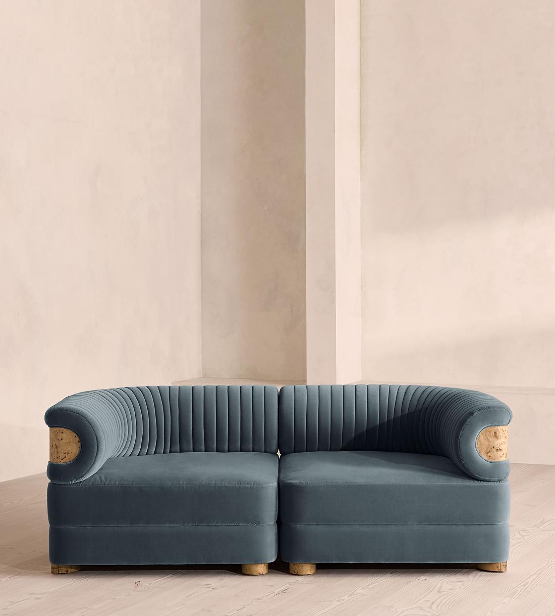Caleb Modular Three Seater Sofa - Velvet - Grey Blue - Blonde Burl - UK - Listing - Image 1