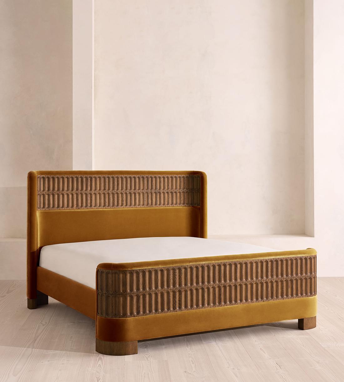 Devon Bed - Queen - Velvet - Mustard - US - Listing - Image 1