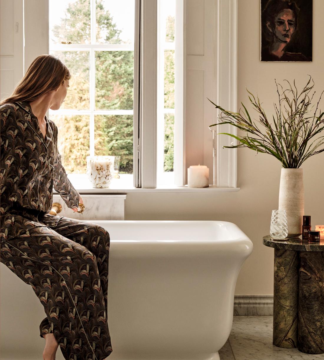 Obie Sage Silk Pyjamas - Small - Lifestyle - Image 1