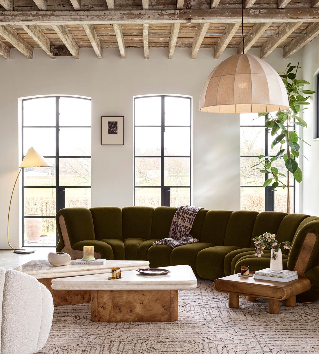 Noelle Sectional Curved Sofa - Six Seater - Velvet Olive - US - Lifestyle - Image 1
