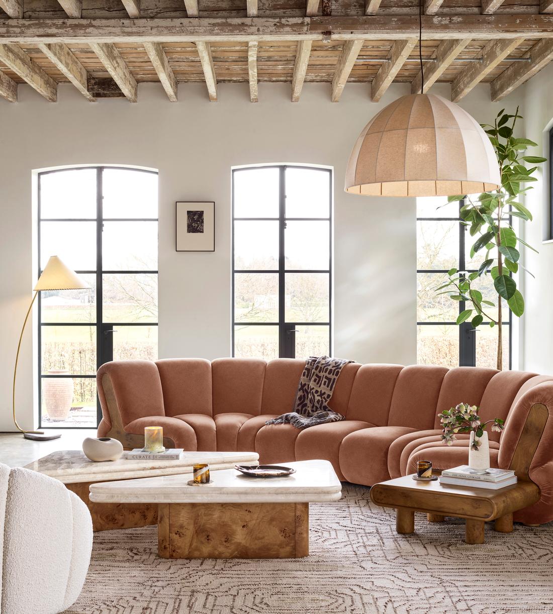 Noelle Sectional Curved Sofa - Six Seater - Velvet Antique Rose - US - Lifestyle - Image 1