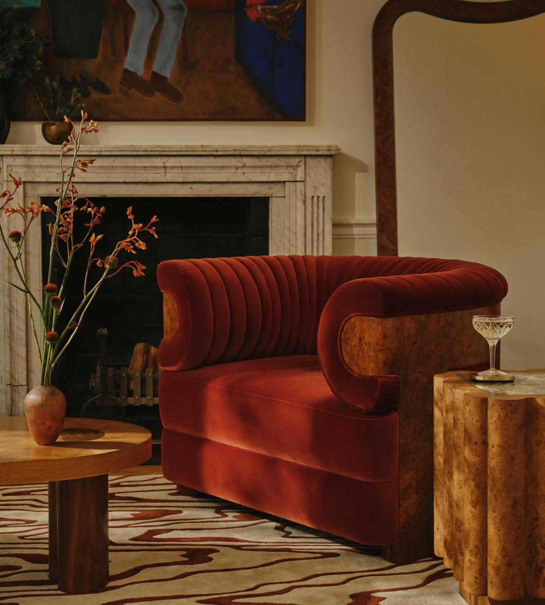 Caleb Armchair - Dark Burl - Velvet - Rust - UK - Lifestyle - Image 1