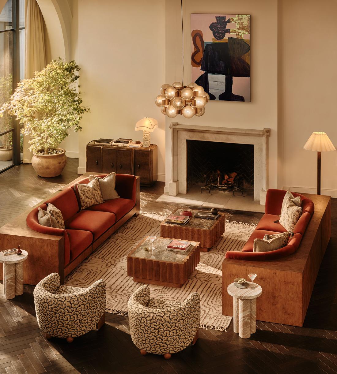 Carter Three Seater Sofa - Velvet - Rust - US - Lifestyle - Image 1
