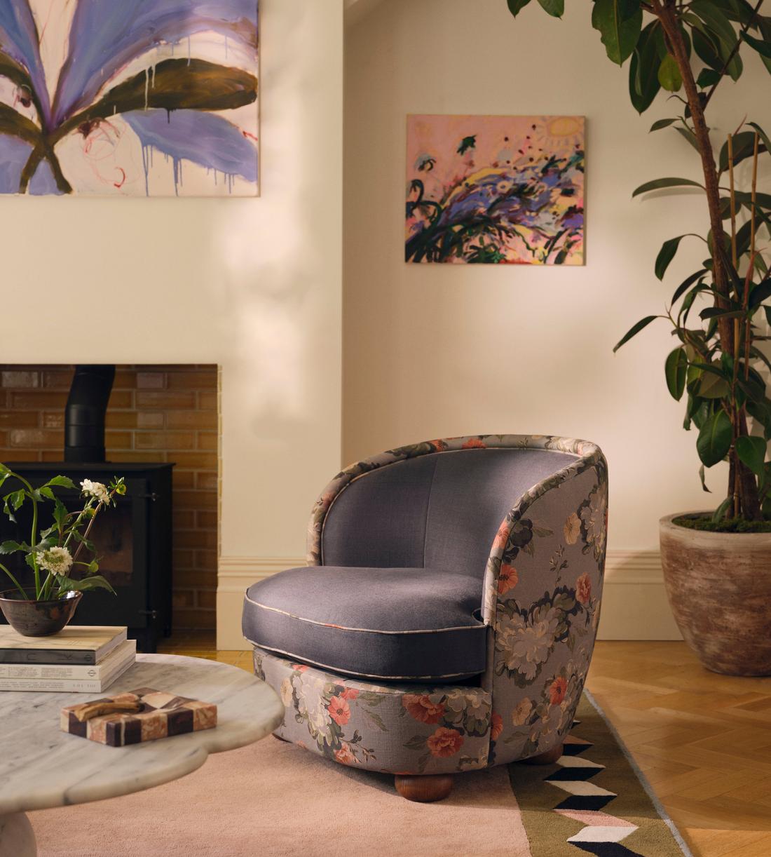 Blair Tub Armchair - Skylar Print - Prussian Blue Linen - UK - Lifestyle - Image 1