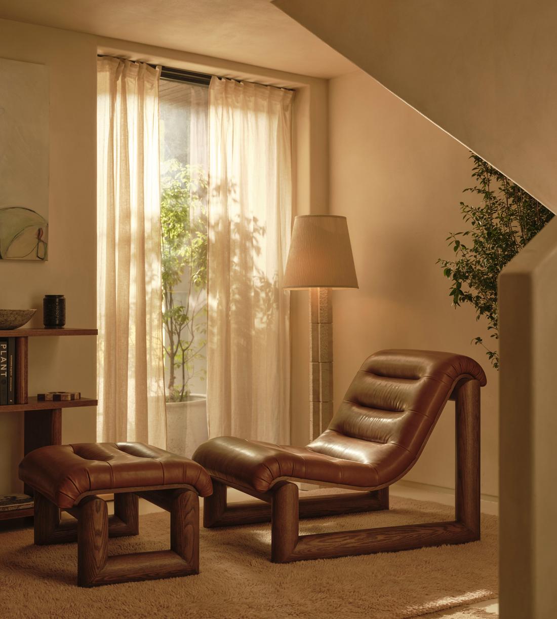 Drew Lounge Chair and Footstool - Leather - Chestnut - US - Lifestyle - Image 1