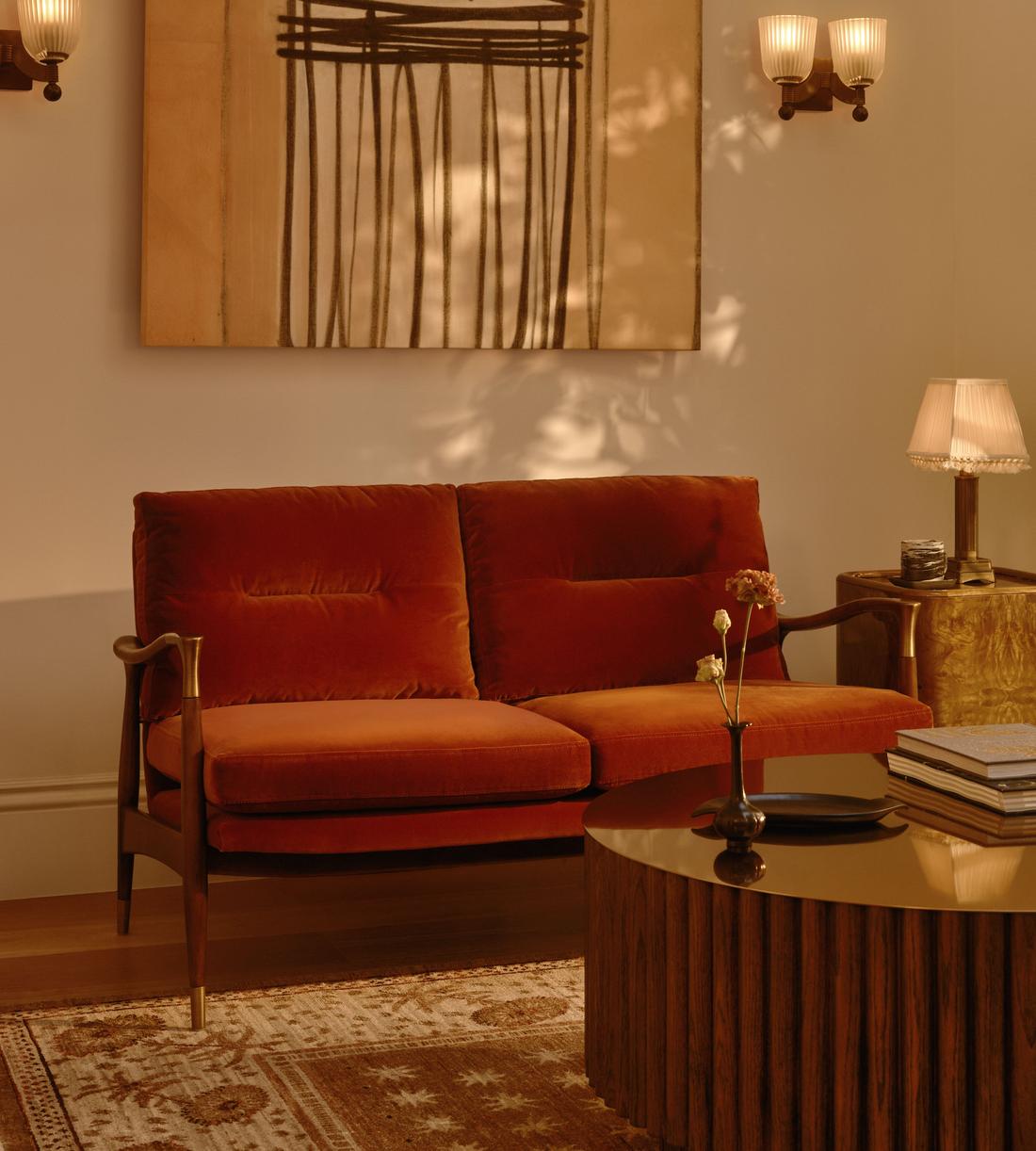 Theodore Two Seater Sofa - Velvet - Rust - UK - Lifestyle - Image 1