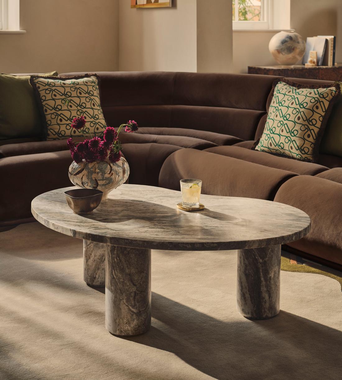 Tisbury Oval Coffee Table - Terra Bianca Marble - Lifestyle - Image 1