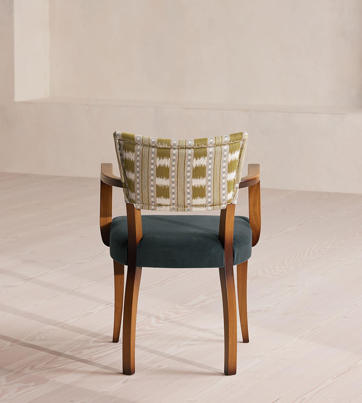 Molina Dining Armchair, Ikat Stripe and Velvet, Grey Blue US