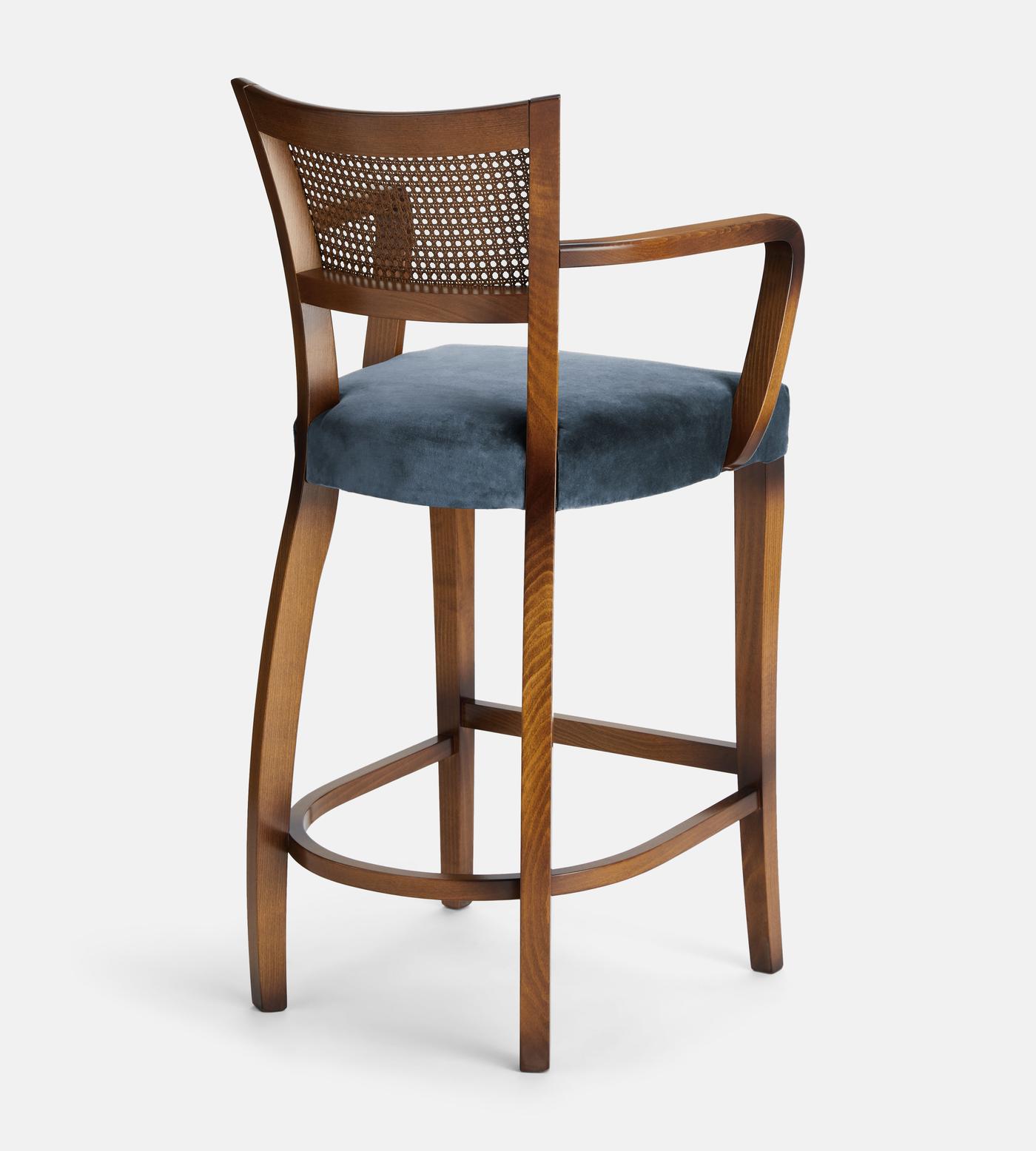 Molina Barstool, Cane Back, Velvet, Grey Blue