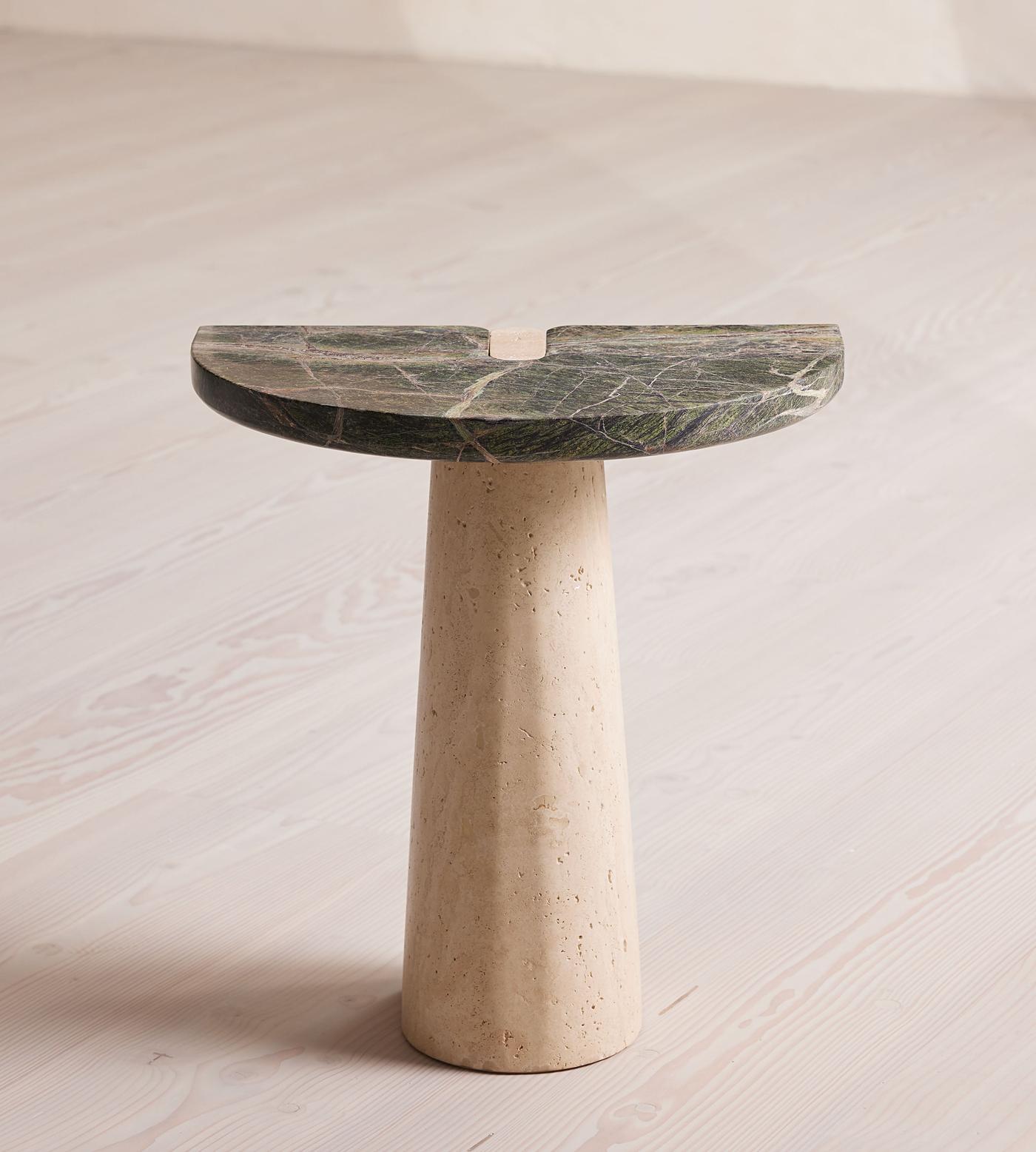 Eros Side Table, Travertine and Verde Bosque Marble