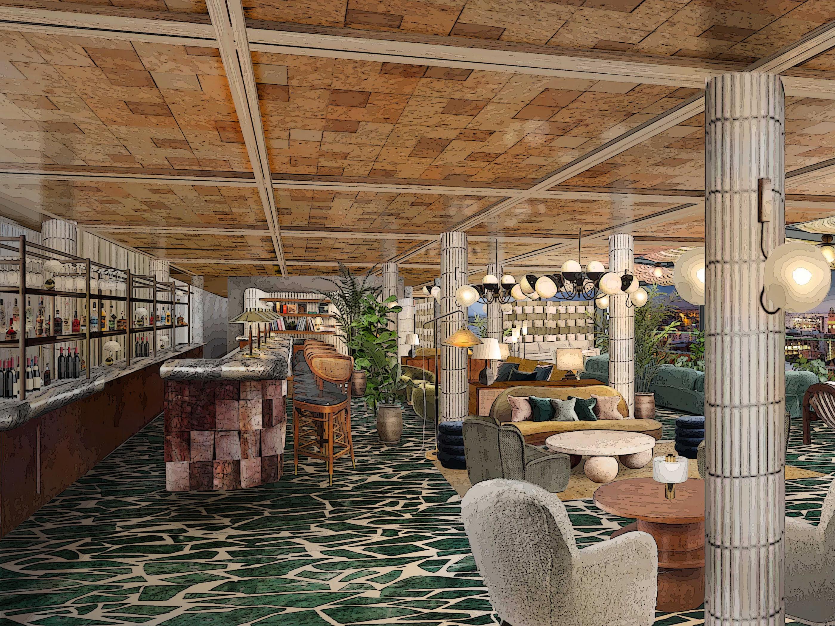 A stylish bar and lounge area features a well-stocked bar with stools, comfortable seating including sofas and armchairs, lush greenery, and panoramic city views through large windows, providing a luxurious ambience.