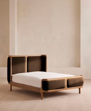 Belsa Bed - Light Oak - Queen - Velvet - Chocolate - US - Listing Image