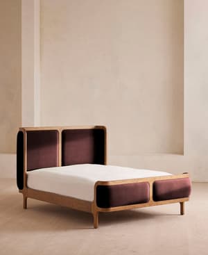 Belsa Bed - Light Wood - King - Velvet - Aubergine - UK - Listing Image