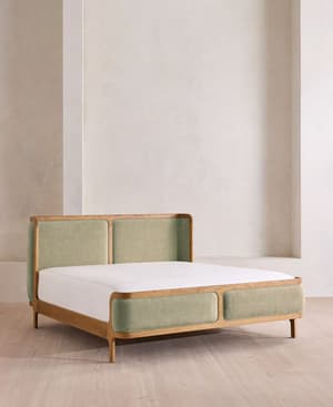 Belsa Bed - Light Wood - King - Linen Chenille - Sage - UK - Hover Image