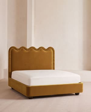 Tristan Bed - Queen - Velvet - Mustard - US - Listing Image