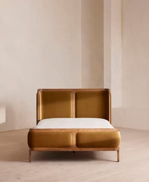 Belsa Bed - Light Oak - Queen - Velvet - Mustard - US - Hover Image