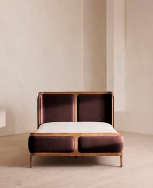Belsa Bed - Light Wood - Queen - Velvet - Aubergine - US - Hover Image