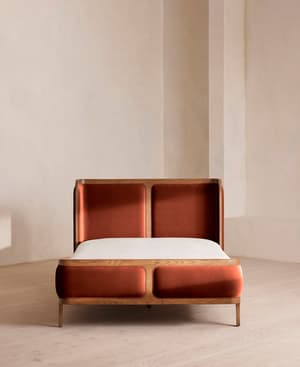 Belsa Bed - Light Oak - Queen - Velvet - Rust - US - Hover Image