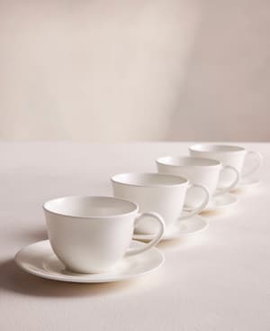 House Teacup and Saucer - Bone China - White - Set of Four - Hover Image