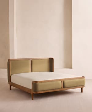 Belsa Bed - Light Oak - King - Linen - Wheat - Listing Image