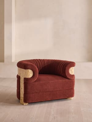 Caleb Armchair - Blonde Burl - Linen Chenille Rust - UK - Listing Image