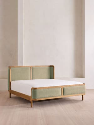 Belsa Bed - Light Wood - King - Linen Chenille - Sage - UK - Hover Image