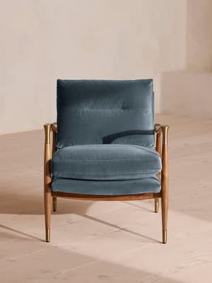 Theodore Oak Armchair - Velvet - Grey Blue - Hover Image
