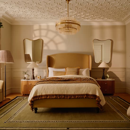 A bed with a beige headboard and decorative pillows is situated in a stylish bedroom, featuring matching nightstands, mirrored walls, a chandelier, an armchair, and a textured ceiling.