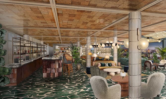 A stylish bar and lounge area features a well-stocked bar with stools, comfortable seating including sofas and armchairs, lush greenery, and panoramic city views through large windows, providing a luxurious ambience.
