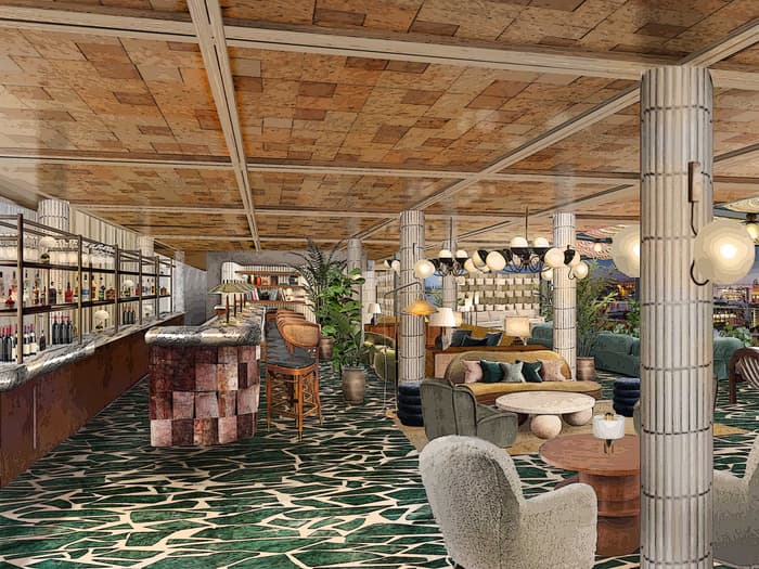 Bar featuring a marble counter with stools in a modern, stylish lounge. The area includes cozy chairs, tables, ambient lighting, and lush indoor plants, set within a cityscape view backdrop.