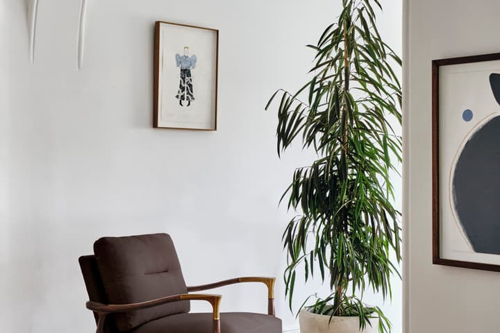 Brown armchair with matching footrest sits on a patterned rug beside a tall potted plant in a white-walled room adorned with abstract artwork.
