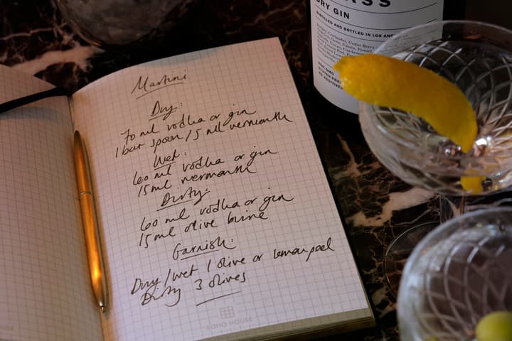 A notebook with handwritten martini recipes beside a gold pen, a bottle labeled "AMASS Dry Gin," and two crystal glasses with lemon peels on a marble countertop.

Text:
"Martini
Dry:
70 ml vodka or gin
1 bar spoon/5 ml vermouth
Wet:
60 ml vodka or gin
15