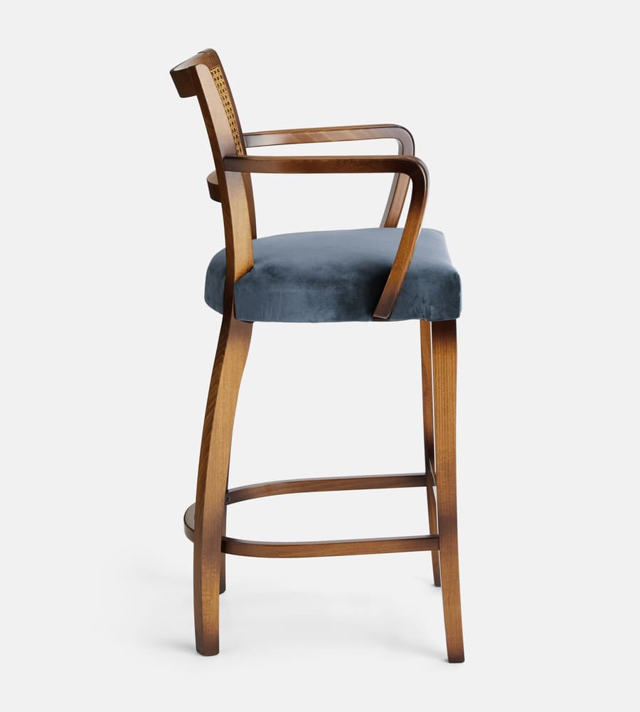 Molina Barstool, Cane Back, Velvet, Grey Blue