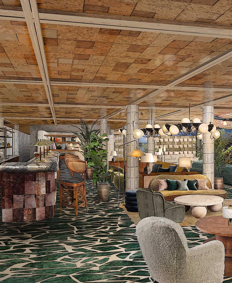 A stylish bar and lounge area features a well-stocked bar with stools, comfortable seating including sofas and armchairs, lush greenery, and panoramic city views through large windows, providing a luxurious ambience.